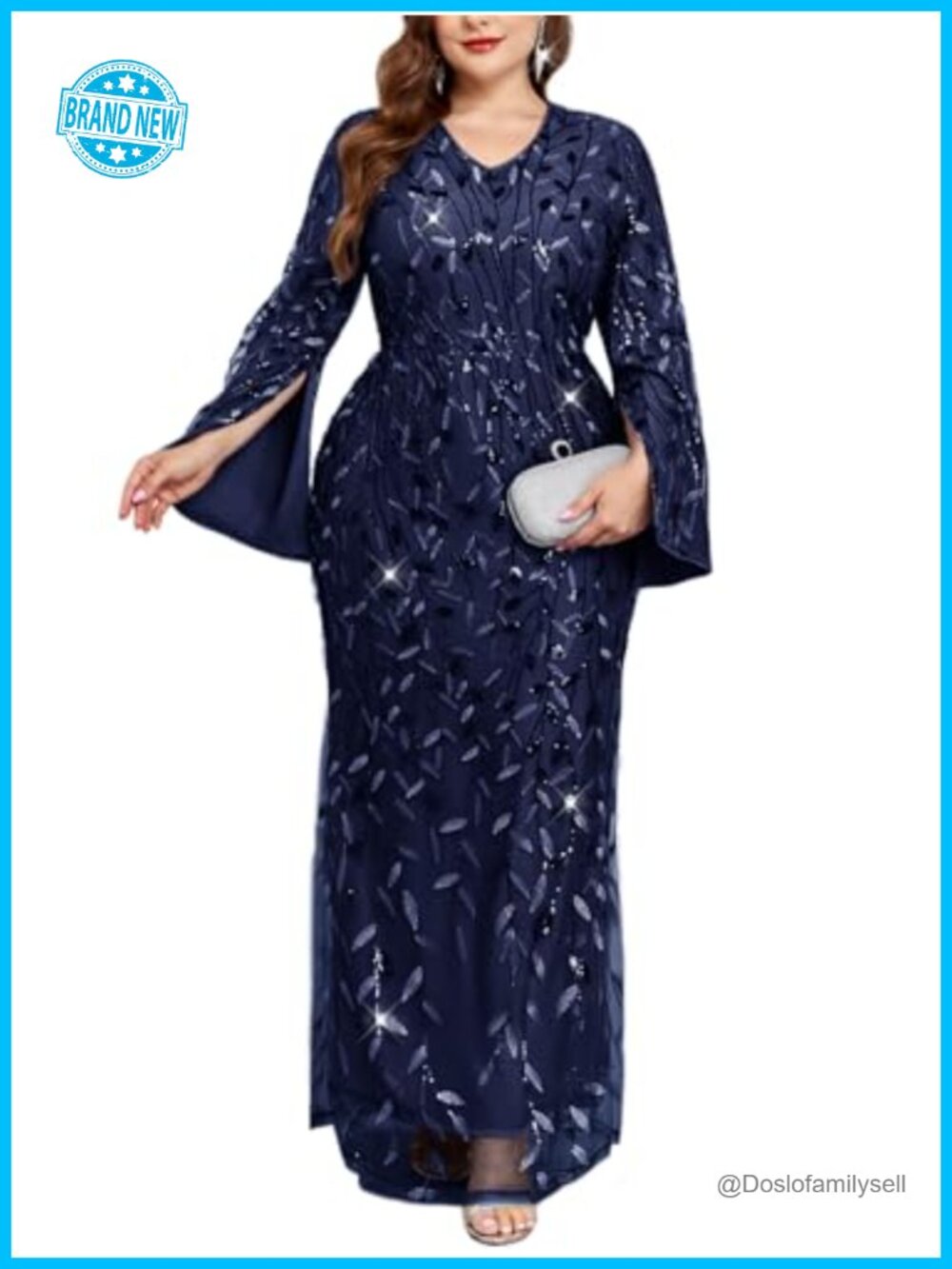 Plus Size Sequin Embroidery Formal Maxi Dress Long Flared Sleeve V-Neck Evening